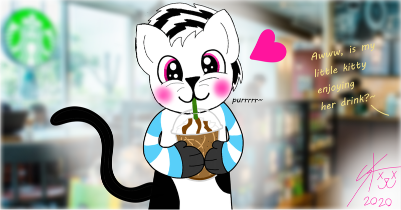 Size: 1769x929 | Tagged: safe, artist:official_dj_scr4tchk4t, derpibooru import, oc, oc:caramel swirl, oc:scr4tchk4t, cat, cat pony, original species, blushing, clothes, coffee, coffee cup, cup, cute, dialogue, femboy, frappuccino, heart, male, paws, purring, sipping, socks, starbucks, striped socks