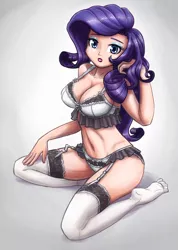 Size: 1706x2400 | Tagged: suggestive, artist:king-kakapo, derpibooru import, rarity, human, belly button, bra, breasts, busty rarity, cleavage, clothes, feet, female, garter belt, garters, humanized, kneeling, lingerarity, lingerie, looking at you, panties, sexy, simple background, solo, underwear, white background, white underwear