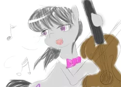 Size: 1366x990 | Tagged: safe, artist:tutinoke3461, derpibooru import, octavia melody, bow (instrument), bowtie, cello, cello bow, collar, digital art, female, music, musical instrument, open mouth, playing instrument, sketch, smiling, solo