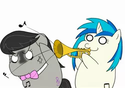 Size: 2507x1763 | Tagged: safe, artist:iroenpitu_nico, derpibooru import, octavia melody, vinyl scratch, earth pony, unicorn, :3, angry, bowtie, chibi, digital art, meme, musical instrument, simple background, trumpet, trumpet boy