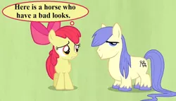 Size: 1036x592 | Tagged: safe, derpibooru import, edit, edited screencap, screencap, apple bloom, shortround, hearts and hooves day (episode), bow, cropped, english as she is spoke: a jest in sober earnest, engrish, mane bow, simple background, the perfect stallion, thought bubble