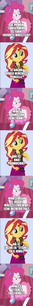 Size: 500x4588 | Tagged: safe, derpibooru import, edit, edited screencap, screencap, pinkie pie, sunset shimmer, equestria girls, argentina, comic, ecw, human sunset, lucha libre, screencap comic, spanish, sports, titanes en el ring, tna, translated in the description, wrestling, wwe