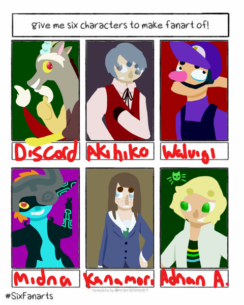 Size: 800x1000 | Tagged: safe, artist:starburstdragon, derpibooru import, discord, draconequus, human, imp, six fanarts, akihiko sanada, clothes, crossover, female, hat, helmet, keep your hands off eizouken!, male, midna, overalls, persona 3, smiling, super mario bros., the legend of zelda, the legend of zelda: twilight princess, waluigi