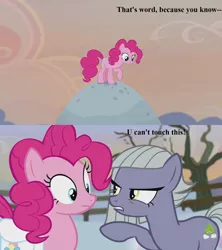 Size: 1280x1440 | Tagged: safe, derpibooru import, edit, edited screencap, screencap, limestone pie, pinkie pie, hearthbreakers, angry, holder's boulder, lyrics, mc hammer, rock farm, song reference, text, tree, u can't touch this