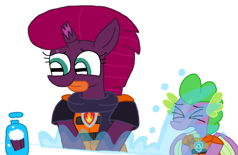 Size: 1654x1080 | Tagged: safe, alternate version, artist:徐詩珮, derpibooru import, fizzlepop berrytwist, spike, tempest shadow, dragon, pony, unicorn, series:sprglitemplight diary, series:sprglitemplight life jacket days, series:springshadowdrops diary, series:springshadowdrops life jacket days, alternate universe, background removed, broken horn, clothes, cute, dishes, eye scar, eyes closed, female, horn, male, mare, marshall (paw patrol), paw patrol, rocky (paw patrol), scar, scarf, simple background, tongue out, transparent background, water, winged spike, wings