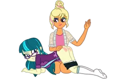 Size: 1920x1224 | Tagged: suggestive, artist:gmaplay, derpibooru import, chestnut magnifico, juniper montage, equestria girls, spoiler:eqg specials, ass, butt, caption, clothes, discipline, female, image macro, junibum montage, panties, panties around legs, panties pulled down, spanking, text, underwear