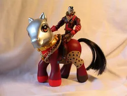 Size: 500x375 | Tagged: artist needed, source needed, safe, derpibooru import, ponified, earth pony, pony, action figure, custom, destro, duo, g.i. joe, g3, humans riding ponies, irl, jewelry, looking at you, male, mask, necklace, photo, pimp, riding, self ponidox, toy, what has hasbro done