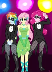 Size: 1700x2338 | Tagged: safe, artist:lennondash, derpibooru import, fluttershy, pinkie pie, rainbow dash, equestria girls, bodyguard, breasts, busty fluttershy, busty pinkie pie, busty rainbow dash, clothes, dress, female, gala dress, sunglasses, trio, trio female, tuxedo