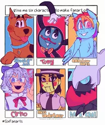 Size: 1715x2048 | Tagged: safe, artist:monavat, derpibooru import, rainbow dash, anthro, darkrai, dog, fairy, pegasus, pony, six fanarts, :d, :p, anthro with ponies, bowtie, bust, chest fluff, cirno, clock, clothes, collar, crossover, don't hug me i'm scared, female, gloves, hat, male, mare, marionette, necktie, open mouth, pokémon, scooby doo, showdown bandit, tongue out, tony the talking clock, touhou