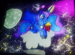 Size: 1080x792 | Tagged: safe, artist:bellas.den, derpibooru import, princess luna, alicorn, pony, cloud, female, food, full moon, glowing horn, hoof shoes, horn, mare, moon, night, on a cloud, popcorn, prone, solo, stars