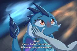 Size: 1280x854 | Tagged: safe, artist:chiptunebrony, derpibooru import, princess ember, oc, oc:kenji the human, dragon, human, affection, anime, beautiful, blushing, cellshaded, cute, dialogue, dialogue in the description, dragoness, dragon lord ember, duckface, emberbetes, fake screenshot, female, hands on cheeks, harbor, looking at someone, looking up, moon, plank, reflection, romance, sad, subtitles, water
