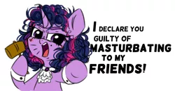 Size: 1244x653 | Tagged: suggestive, artist:madkadd, derpibooru import, twilight sparkle, pony, unicorn, alternate hairstyle, bust, clopping meme, cuffs (clothes), exploitable meme, female, gavel, hammer, implied masturbation, judge, looking at you, mare, meme, messy mane, open mouth, simple background, solo, talking, unicorn twilight, white background