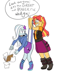 Size: 532x650 | Tagged: suggestive, artist:rippant, derpibooru import, sunset shimmer, trixie, equestria girls, abuse, bully, bullying, clothes, female, nerd, panties, panty pull, purple underwear, thong, trixiebuse, underwear, wedgie