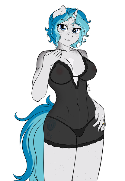 Size: 2060x2985 | Tagged: questionable, artist:pia-sama, derpibooru import, oc, oc:bubble lee, unofficial characters only, anthro, unicorn, absolute cleavage, anthro oc, arm freckles, belly button, big breasts, black panties, body freckles, breasts, cleavage, clothes, collarbone, commission, curvy, engagement ring, eyelashes, female, freckles, gift art, hand on hip, hip freckles, horn, image, jewelry, lidded eyes, lingerie, looking at you, neck freckles, nightgown, nipples, nudity, panties, png, ring, see-through, sexy, short hair, shoulder freckles, simple background, thong, underwear, unicorn oc, wedding ring, white background, wide hips