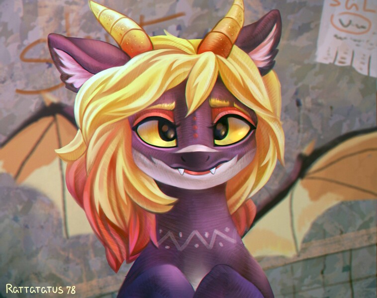 Size: 1280x1013 | Tagged: safe, artist:rattatatus78, derpibooru import, oc, unofficial characters only, dracony, dragon, hybrid, pony, bust, commission, digital art, dolo, dragon wings, fangs, female, horn, looking at you, mare, portrait, smiling, wings