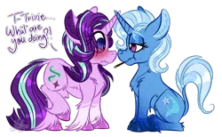 Size: 1116x686 | Tagged: safe, artist:srtamilled, derpibooru import, starlight glimmer, trixie, pony, unicorn, blushing, dialogue, ear fluff, female, food, gradient hooves, lesbian, pocky, scrunchy face, shipping, startrix, unshorn fetlocks