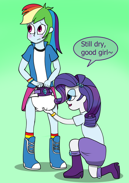 Size: 1350x1912 | Tagged: suggestive, artist:diaperdude, derpibooru import, rainbow dash, rarity, human, equestria girls, diaper, diaper check, diaper fetish, embarrassed, female, fetish, non-baby in diaper