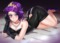 Size: 1024x730 | Tagged: suggestive, artist:tzc, derpibooru import, rarity, human, anime, ass, beautisexy, bedroom eyes, breasts, busty rarity, butt, classy, cleavage, clothes, crown, female, gloves, humanized, jewelry, legs, lidded eyes, long gloves, looking at you, necklace, rearity, regalia, smiling, solo, thighs