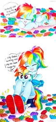 Size: 797x1719 | Tagged: safe, artist:liaaqila, derpibooru import, edit, rainbow dash, human, pegasus, pony, equestria girls, blue wings, challenge accepted, clothes, comic strip, cute, cutie mark, daaaaaaaaaaaw, dashabetes, denim shorts, dialogue, eyes closed, fail, female, floating heart, heart, hug, human ponidox, indoors, lego, liaaqila is trying to murder us, liaaqila is trying to murder us with dashabetes, lying down, mare, multicolored hair, multicolored mane, multicolored tail, no socks, open mouth, pink eyes, ponytail, rainbow dash is not amused, rainbow hair, rainbow tail, scrunchy face, self ponidox, shoes, shorts, simple background, sitting, smiling, sneakers, speech bubble, talking, tempting fate, text, traditional art, unamused, watermark, white background, wings