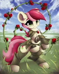 Size: 1917x2412 | Tagged: safe, artist:hitbass, derpibooru import, roseluck, earth pony, pony, clothes, ear fluff, female, flower, mare, rose, solo