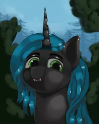 Size: 1920x2400 | Tagged: safe, artist:meodaiduoi, derpibooru import, queen chrysalis, changeling, changeling queen, pony, bared teeth, bust, day, fangs, female, forest, looking at you, pine tree, portrait, tree