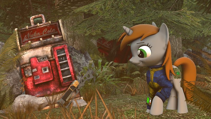 Size: 2560x1440 | Tagged: safe, artist:phenioxflame, derpibooru import, oc, oc:littlepip, fallout equestria, 3d, fallout, gun, nuka cola, weapon