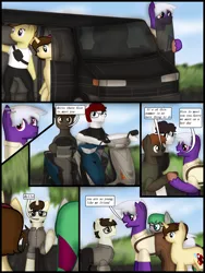 Size: 1750x2333 | Tagged: safe, artist:99999999000, derpibooru import, oc, oc:cwe, oc:firearm king, oc:li anna, oc:mar baolin, oc:zhang cathy, earth pony, pegasus, pony, unicorn, comic:airsoft, bag, car, comic, female, helmet, male, motorcycle, scooter