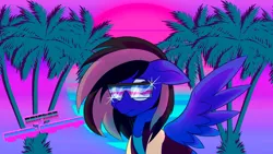 Size: 1920x1080 | Tagged: safe, artist:nevermore228, derpibooru import, oc, oc:driftor, pegasus, pony, blue background, blue eyes, clothes, commission, floppy ears, glasses, gradient background, jacket, looking at you, male, neon, palm tree, pegasus oc, pink background, retro, retrowave, simple background, solo, sparkles, spread wings, stallion, sun, synthwave, tree, two toned mane, wings, ych result