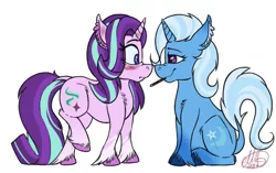 Size: 640x401 | Tagged: safe, artist:srtamilled, derpibooru import, starlight glimmer, trixie, pony, unicorn, ear fluff, female, food, gradient hooves, lesbian, pocky, shipping, simple background, startrix, unshorn fetlocks, white background