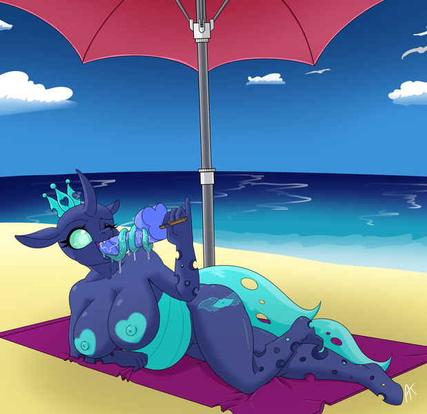 Size: 2836x2751 | Tagged: questionable, artist:appelknekten, derpibooru import, oc, oc:sektiss, anthro, changeling, areola, beach, big breasts, blue changeling, breasts, chubby, chunkling, cocksicle, female, food, heart areola, ice cream, long tongue, nipples, nudity, salivating, solo, solo female, tongue out