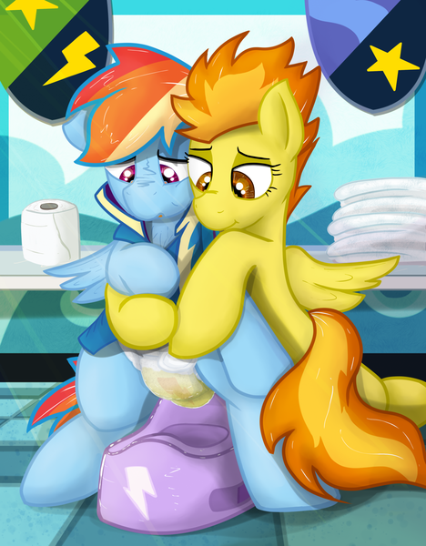 Size: 1685x2160 | Tagged: questionable, alternate version, artist:not_texmex, derpibooru import, rainbow dash, spitfire, pegasus, pony, clothes, diaper, diaper fetish, diaper training, female, fetish, holding hooves, non-baby in diaper, peeing in diaper, pissing, potty, potty time, pullup (diaper), shelf, toilet paper roll, towels, training potty, uniform, unpotty training, urine, wet diaper, wetting, wonderbolt trainee uniform