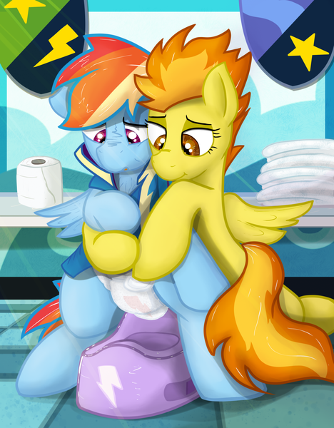 Size: 1685x2160 | Tagged: questionable, alternate version, artist:not_texmex, derpibooru import, rainbow dash, spitfire, pegasus, pony, clothes, diaper, diaper fetish, female, fetish, holding hooves, non-baby in diaper, poop, pooping, pooping in diaper, potty time, shelf, toilet paper roll, towels, training potty, uniform, wonderbolt trainee uniform