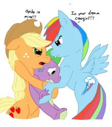 Size: 838x954 | Tagged: safe, derpibooru import, applejack, rainbow dash, spike, earth pony, pegasus, pony, angry, applespike, applespikedash, bisexual, female, fight, interspecies, lesbian, male, polyamory, rainbowspike, remake, shipping, spike gets all the mares, straight