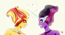 Size: 3118x1699 | Tagged: safe, artist:mikashi07, derpibooru import, sci-twi, sunset shimmer, twilight sparkle, human, equestria girls, friendship games, daydream shimmer, digital art, evil grin, grin, horn, horned humanization, horns are touching, humanized, jewelry, mask, midnight sparkle, necklace, simple background, smiling