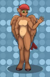 Size: 652x1000 | Tagged: safe, artist:redquoz, derpibooru import, oc, oc:allegra mazarine, anthro, bird, bird pone, unguligrade anthro, anthro oc, athletic, belly button, bird tail, circles, ear fluff, female, fluffy, folded wings, gentle smile, green eyes, hand on hip, hooves, looking at you, shading, shiny hoof, simple background, solo, two-tone coat, two toned tail, two toned wings, waving, wings
