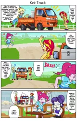 Size: 1461x2283 | Tagged: safe, artist:wakyaot34, derpibooru import, applejack, pinkie pie, rarity, sunset shimmer, equestria girls, car, huffer (transformers), japanese, jolly green giant, moon runes, optimus prime, subaru, subaru sambar, transformers, translation