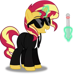 Size: 4130x4161 | Tagged: safe, artist:anime-equestria, derpibooru import, sunset shimmer, pony, unicorn, clothes, female, levitation, magic, mare, men in black, necktie, neuralyzer, simple background, smiling, solo, suit, sunglasses, telekinesis, transparent background, vector