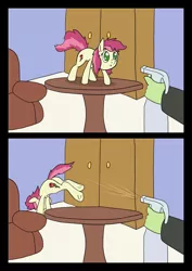 Size: 1000x1414 | Tagged: safe, artist:happy harvey, derpibooru import, roseluck, oc, oc:anon, earth pony, human, pony, arched back, bad pony, behaving like a cat, both cutie marks, chair, comic, drawn on phone, female, filly, jumping, mare, offscreen character, pony pet, rosepet, spray bottle, standing, table