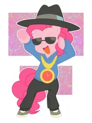 Size: 900x1200 | Tagged: safe, artist:ch-chau, derpibooru import, pinkie pie, earth pony, pony, testing testing 1-2-3, abstract background, bipedal, female, hat, mare, open mouth, rapper pie, solo, sunglasses, the rappin' hist'ry of the wonderbolts