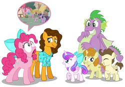 Size: 1280x892 | Tagged: safe, artist:aleximusprime, derpibooru import, screencap, cheese sandwich, pinkie pie, pound cake, princess flurry heart, pumpkin cake, spike, twilight sparkle, dragon, pony, unicorn, flurry heart's story, friendship is magic, adult, adult spike, bow, cheesy as pie, chubby, chubby spike, clothes, colt pound cake, fat spike, female, filly, filly flurry heart, filly pumpkin cake, giggling, hair bow, hawaiian shirt, inhaling, laughing, older, older flurry heart, older pound cake, older pumpkin cake, older spike, plump, reenactment, shirt, silly, simple background, speech bubble, sucking in, thin, transparent background, unicorn twilight, winged spike