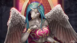 Size: 1280x720 | Tagged: safe, artist:h_03, derpibooru import, princess celestia, alicorn, anthro, abs, breasts, busty princess celestia, cleavage, close-up, cropped, ethereal crown, female, image, jewelry, png, signature, solo, spread wings, stained glass window, throne, throne room, window, wings