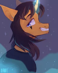 Size: 2920x3705 | Tagged: safe, artist:biskvit, derpibooru import, ponified, classical unicorn, pony, unicorn, bust, clothes, cloven hooves, commission, dallon weekes, ear fluff, facial markings, glowing horn, grin, horn, leonine tail, looking at you, male, shirt, smiling, stallion, t-shirt, unshorn fetlocks, ych result