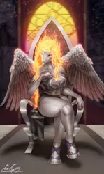 Size: 762x1280 | Tagged: safe, alternate version, artist:h_03, derpibooru import, daybreaker, alicorn, anthro, unguligrade anthro, breasts, busty daybreaker, cleavage, clothes, crossed legs, ethereal crown, female, image, jpeg, mane of fire, shoes, signature, sitting, spread wings, stained glass window, throne, throne room, window, wings