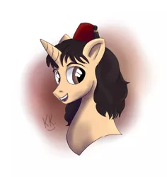 Size: 914x967 | Tagged: safe, artist:tuc-kaan, derpibooru import, oc, unofficial characters only, pony, unicorn, brown eyes, bust, digital art, fez, hat, horn, ibispaint x, instagram, male, open mouth, portrait, simple background, smiling, solo, stallion, turkey (country), turkish, white background