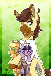 Size: 1181x1772 | Tagged: safe, artist:inuhoshi-to-darkpen, derpibooru import, applejack, twilight sparkle, twilight sparkle (alicorn), oc, oc:calpain, unofficial characters only, alicorn, earth pony, pony, clothes, ear fluff, earth pony oc, lab coat, male, one eye closed, plushie, solo, stallion, wink