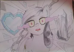 Size: 574x407 | Tagged: semi-grimdark, artist:wrath-marionphauna, derpibooru import, king sombra, sapphire joy, crystal pony, the crystal empire, broken glass, chains, colored pencil drawing, crystal heart, female, open mouth, scene interpretation, solo, sombra eyes, traditional art