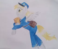 Size: 1024x859 | Tagged: safe, artist:wrath-marionphauna, derpibooru import, derpy hooves, pegasus, colored pencil drawing, female, flying, mail, mailbag, mailbox, mailmare, mailpony uniform, smiling, solo, traditional art