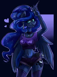 Size: 1439x1956 | Tagged: safe, artist:tu-kierownik, derpibooru import, princess luna, anthro, alternate hairstyle, belly button, breasts, busty princess luna, clothes, daisy dukes, ear piercing, earring, ethereal mane, female, heart, image, jewelry, long socks, looking at you, midriff, necklace, piercing, png, pose, purple underwear, shorts, short shirt, signature, simple background, smiling, solo, starry mane, underwear