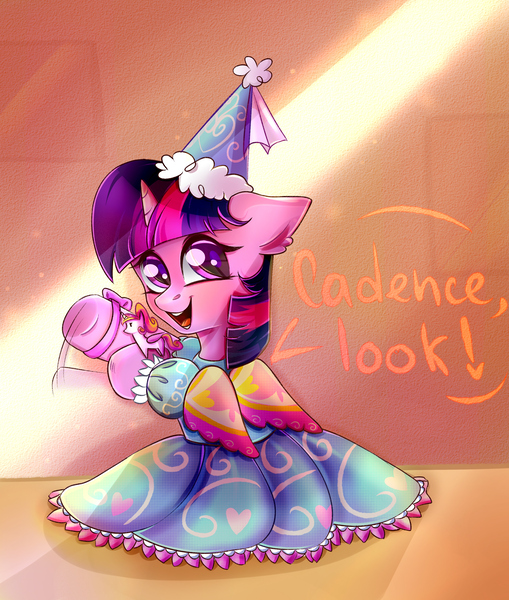 Size: 2620x3089 | Tagged: safe, artist:pozya1007, derpibooru import, twilight sparkle, pony, unicorn, clothes, cute, dress, dressup, fake wings, female, filly, filly twilight sparkle, frilly dress, froufrou glittery lacy outfit, hennin, implied princess cadance, offscreen character, princess outfit, solo, speech bubble, toy, twiabetes, twilight wants to be a princess, unicorn twilight, waving, weapons-grade cute, younger