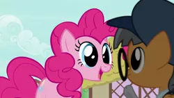 Size: 1162x657 | Tagged: safe, derpibooru import, screencap, pinkie pie, unnamed character, unnamed pony, earth pony, pony, daring done?, background pony, colt, cute, diapinkes, female, glasses, male, mare, open mouth, ponyville, printing press (character), smiling